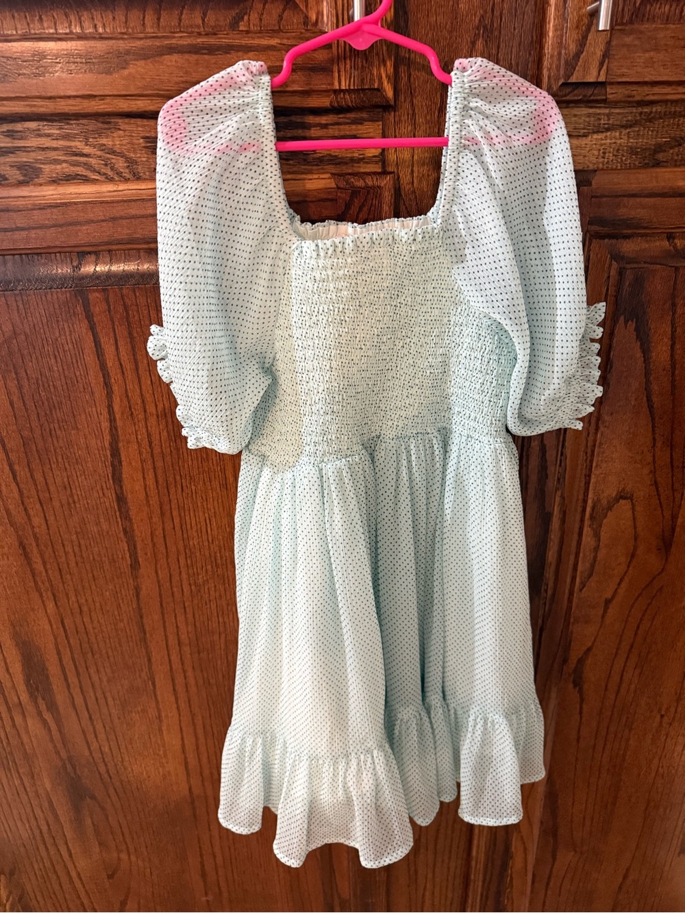 WDW Smocked Puff-Sleeve Kids Dress in Light Mint with Navy Polka Dots